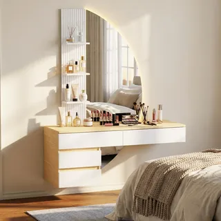 JUMMICO Wand-Schminktisch mit LED-beleuchtetem HD-Spiegel, dimmbarer Helligkeit & großem Stauraum, platzsparender moderner Frisiertisch für Schlafzimmer, Schwarz/Eiche (Weiß)