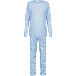 Schlafanzug MEY "Flower Meadow", Damen, Gr. 46, blau (blau silk), Single Jersey, Obermaterial: 100% Baumwolle, bequem lang, Rundhals, Homewear-Sets Schlafanzug, Komfortbund, Rundhalsausschnitt, bequem, Single Jersey, Langarm