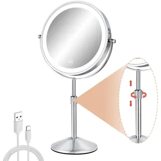 FFowcye Schminkspiegel mit Beleuchtung & Vergrößerung, 8 Zoll Höhenverstellbarer Tischspiegel, 1x/10x Vergrößerungsspiegel mit 3 Lichtmodi, USB-Aufladbar für Kosmetik und Rasur
