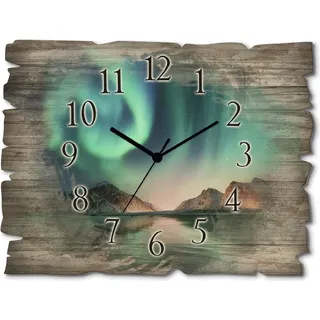 ARTland Holz Wanduhr Funkuhr - schwarzer Zeiger Auroraborialis - Nördliches Polarlicht Größe: 40x30 cm - Türkis
