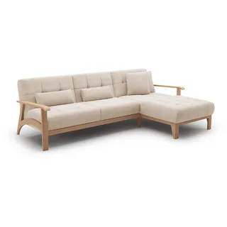 Cavadore Ecksofa Billan / Schlafsofa im skandinavischen Design mit Longchair, Bett und massivem Holzgestell in Buche / 264 x 88 x 183 / Mikrofaser, Beige