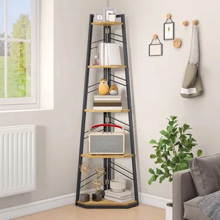 DWVO Eckregal 5 Ebenen, Eckbuchhandel mit Metallrahmen, Industrial Ladder -Bücherregal, Bodenständiges Displayregal, Hoher Speicherregal, für Wohnzimmer, Küche, Schlafzimmer, Eichenfarbe Standregal