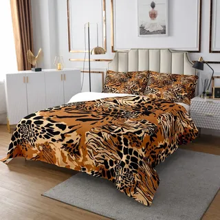 Tiger Fell Quilt Set für Kinder Jungen Mädchen,Schickes Leopardenfell Bedrucktes Bettdecke Set,Wild Safari Tierfell Bettwäsche Set Schlafzimmer Dekor,Dekorative Gepard Abstrct Tagesdecke,170X210