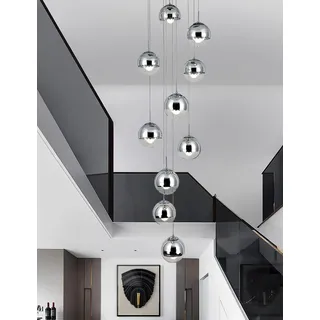 Treppenhaus Pendelleuchte 10 Glas Kugel LED Moderne Pendellampe Kristall Hängeleuchte Höhenverstellbar Kronleuchter Für Wohzimmer Esstisch,Treppe,Flur,Schlafzimmer Deckenleuchte Hängelampe,Silber