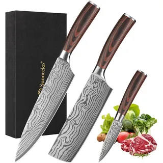 Sunnecko Messerset, Profi Küchenmesser Set 3tlg - Kochmesser set Küche scharfe Messer Set, Ultra Scharfes Kochmesserset mit 20cm Chefmesser, 17cm Hackmesser & 9cm Schälmesser