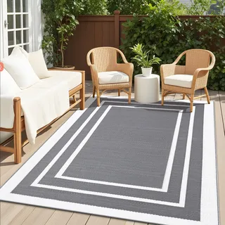 Homaxy Outdoor Teppich Wetterfest, Kunststoff Stroh UV-beständig Wendbar Faltbar Waschbar Balkon Garten Teppich für Terrasse Camping Picknick - 120 x 180 cm, Grau & Weiß