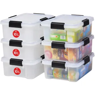 Iris Ohyama Luftdichte Kunststoff-Aufbewahrungsboxen mit Deckel, 10L, 6er-Set, Transparent, Hermetischer wasserdichter Verschluss, Robuste Schnappverschlüsse, Stapelbar, Staubschutz, BPA-frei, AT-S