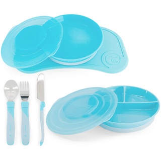 Twistshake Babygeschirr-Set - 6-Teilig | 1x Baby-Silikon-Tischset - 1x Kinderteller - 1x geteilter Teller - 3x Edelstahl-Lernbesteck | Baby-Geschirrset | Geschirr für die Babyentwöhnung | 6m+ | Blau