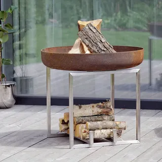 Feuerschale , Edelstahlfarben, Rostfarben , Metall , 63x56x63 cm , Grüner Punkt, Made in Europe, Handmade in Europe , abnehmbare Standfüße, Ablage für Holz, hitzebeständig , Freizeit & Co, Herbstartikel & Winterartikel