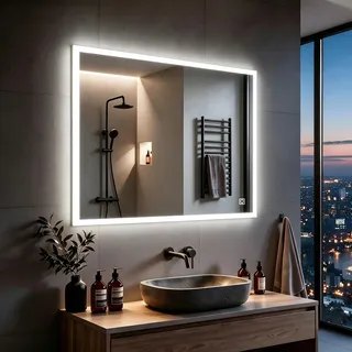 MIQU LED Badspiegel mit Beleuchtung 60x50 cm Badezimmerspiegel, Bad Groß Spiegel mit Touch/Wandtaster Weiß 6500K Licht Wandspiegel für Badezimmer, WC, Flur Ecken Rechteck B