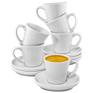Cosumy Espressotassen Set 6er Weiß mit Untertassen - Keramik - Hält Lange Warm - Mokkatassen Stapelbar Spülmaschinenfest - Espresso Tassen mit Henkel - Geschenkbox - Espressobecher Design - 70ml