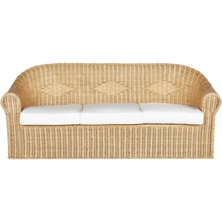Beliani 3-Sitzer Gartensofa Rattan natürlich mit Kissen weiß Outdoor Indoor Livadeia