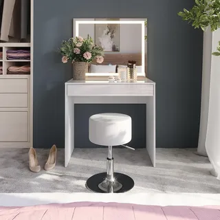 Vicco Schminktisch Sherry, 81.4 cm mit LED-Spiegel und Hocker, Weiß/Weiß Hochglanz