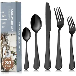 TANTOMI Besteck Set 6 Personen, 30-teiliges Edelstahl Besteckset poliert, Bestecksets mit Messer Gabel Löffel, Spülmaschinenfest, Schwarz Matt