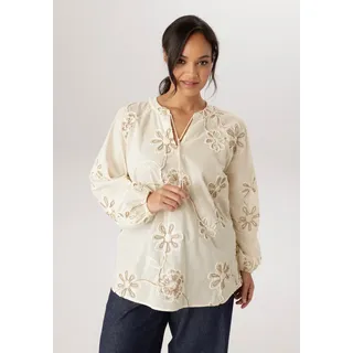 Schlupfbluse ANISTON PLUS, Damen, Gr. 52, beige (natur, braun), Web, Obermaterial: 100% Baumwolle, bestickt, figurumspielend Po-bedeckend, V-Ausschnitt, mit Gummizug, Blusen Schlupfbluse, mit schöner toniger Stickerei - NEUE KOLLEKTION, Topseller