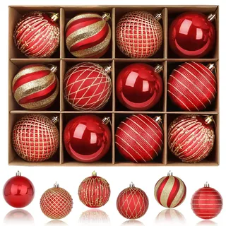 SHareconn Weihnachtskugeln Ornamente, 80 mm, 12 Stück, farbige, bruchsichere Kunststoffkugeln, dekoratives Baumschmuck-Set für Weihnachtsbaum, Urlaub, Party, Hochzeit mit Haken, Rot & Gold