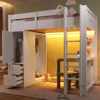 90x200 Hochbett mit 4 Schubladen und 1 Stauraumschrank, Unterbettschreibtisch, offenem Kleiderschrank, LED-Licht und USB, weiß