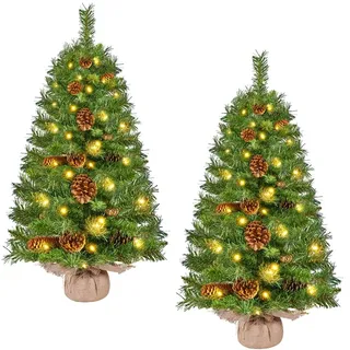 Yaheetech 2er Set Mini Künstlicher Weihnachtsbaum, 92 cm, mit LED & 20 Tannenzapfen - Grün