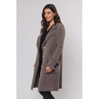 Longstrickjacke RINO & PELLE "CATENA", Damen, Gr. XS (34), grau (taupe), Feinstrick, Obermaterial: 68% Polyamid, 24% Polyester, 8% Viskose, unifarben, gerade knielang, V-Ausschnitt, leicht ausgefranste Kante, Strickjacken Longstrickjacke, mit Fransendetails und Knöpfen