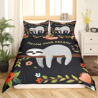 Bettbezug Set 155x220 cm Faultier Karikatur Kinder Mädchen Jungen Botanisch Blumen 1 Kissenbezug 80x80 cm Polyester Mikrofaser