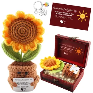 Dankeschön Geschenke Klein – Pocket Hug Deutsch Positive Gestrickte Mehrfarbig Sonnenblume mit Schlüsselanhänger & Grußkarte im Vintage-Schatztruhe – Glücksbringer für Freunde Kollegen Eltern (B)