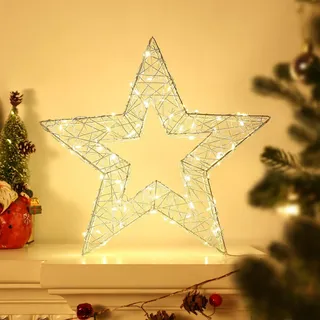 Lewondr Stern Tischlampe, 30cm Hohle Stern LED Lampe Stimmungslicht Batteriebetrieb/USB-betrieben Tischdeko, Warmweiß Weihnachtsbeleuchtung Weihnachtsdeko Lichterketten für Innen Weihnachten - Silber