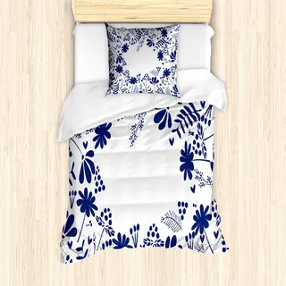 ABAKUHAUS Marine Mantele, Botanische Blumen-Blatt, Milbensicher Allergiker geeignet mit Kissenbezügen, 135 cm x 200 cm - 80 x 80 cm, Indigo Weiß - Weiß