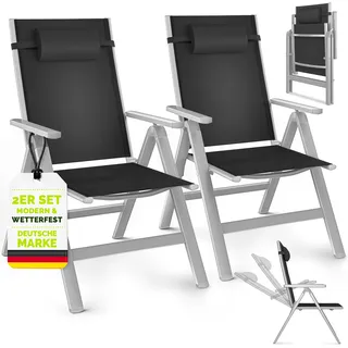 tillvex Gartenstuhl Premium 2 Stück Silber klappbar aus Aluminium | Hochlehner mit Armlehnen | Klappstuhl verstellbar | Klappsessel Balkon Garten Terrasse - Silber