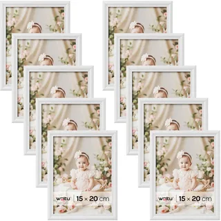 WOLTU Bilderrahmen 15x20cm 10er Set Fotorahmen Holzrahmen mit Passepartout, zum vertikalen oder horizontalen Aufhängen/Aufstellen, Posterrahmen Collage Wanddeko, Weiß
