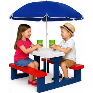 SPIELWERK® Kindersitzgruppe Sonnenschirm UV Schutz Stecksystem Waschbar ABS Kunststoff Wasser Wetterfest Outdoor Picknicktisch Kindertisch Gartenmöbel