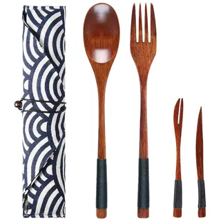 EQLEF Holz Wiederverwendbare Besteck Set umweltfreundliche Besteck im japanischen Stil Geschirr Kit für Reisen Camping Bento Mahlzeit Gabel Löffel kleine Frucht Kuchen Messer Gabel Set - 4 Stück