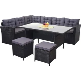 Poly-Rattan-Garnitur HWC-A29, Gartengarnitur Sitzgruppe Lounge-Esstisch-Set, schwarz Kissen dunkelgrau, mit 2x Hocker - Schwarz