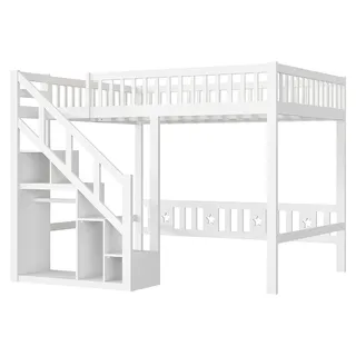 Kinderbett - Hochbett 90x200 cm - Massivholz - Mit Treppe - Absturzsicherung - Weiß
