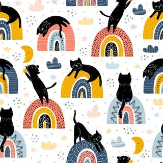 VEELIKE Tapete Kinderzimmer Schwarze Katze Puppenhaus Tapete Tier Mustertapete 44.5cm × 300cm Niedliche Regenbogen Fototapete Kinderzimmer Spielzimmer Katzen Tapeten Wohnzimmer Kindertapete Abnehmbar