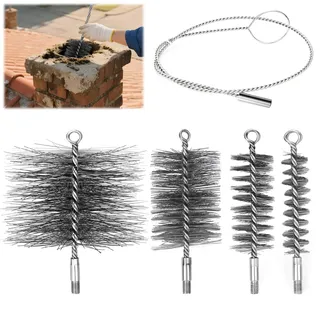 Rohrreinigungsbürste Set, Ofenrohrbürste mit 4 Stahlbürsten 30/50/80/150mm und 1m Flexibler Edelstahl-Schubstange, Schornsteinfeger Bürste für Kamin, Ofenrohr, Rauchrohr & Grill