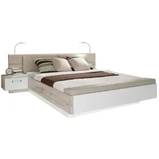 FORTE RONDINO Bett + 2 Nachtkommoden mit 1 Tür und 2 Schubladen, Holzwerkstoff, Sandeiche/weiß Hochglanz, B x H x T: 285,3 x 91,7 x 236 cm