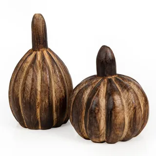 Holz-Kürbisse, 3 Stück: Herbstdeko Figuren, Tischdeko Kürbis, Kleine Dekofiguren Herbst, Dekoration Tisch & Fensterbank, Deko Modern, Herbstliche Zierkürbisse Innen, Herbstfiguren Set Klein, 10-12 cm