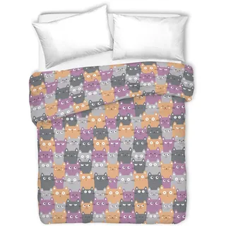 PENSIERI DELICATI Tagesdecke für Doppelbett, 260 x 280 cm, Einzelbett, 100% Piqué-Baumwolle, ideal als Überwurf für Doppelbett, Motiv Happycat Orange, 100% Made in Italy