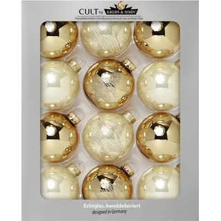 Krebs & Sohn 12er Set Glaskugeln - Weihnachtsbaumschmuck zum Aufhängen - Christbaumkugeln Sortiment - Gold Elfenbein, 7,5 cm