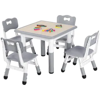 Clevich Kindertisch mit 4 Stühlen, Kinder Tisch Stuhl Set, 60x60x60CM, Plastik Kindermöbel, Höhenverstellbar Kindersitzgruppe für Kinderzimmer Schule Kindertagesstätte(Grau, Quadratischen Tisch)