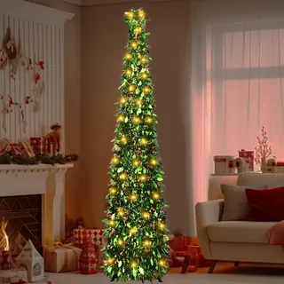 Künstlicher Weihnachtsbaum 150cm Faltbarer Pop Up Weihnachtsbaum Mit Beleuchtung Pailletten Deko Kunst Weihnachtsbaum Mit Ständer LED Lichterkette Geschmückter Weihnachtsbaum Für Wohnzimmer Büro Party