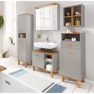 Badmöbel Set in Platingrau mit Eiche Landhaus Nb. PERM-80 LED Spiegelschrank, B/H/T: ca. 176/200/35 cm - Grau