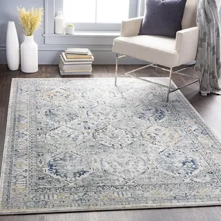 Livabliss Mayfair Vintage groß - Orientalischer Wohnzimmer 160x220 cm, Esszimmer, Schlafzimmer - Boho Kurzflor e für einfache Pflege - Grau und Blau