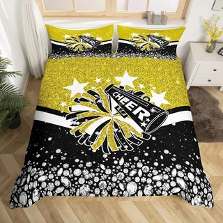 Mädchen Cheeleading Bettbezug Schwarz und Gold Diamant Glitter Pailletten Bettwäsche,Süße Cheeleading Tröster Abdeckung Kawaii Prinzessin Tänzer Ballett Bettwäsche Set mit mit 1 Kissenbezug,135x200