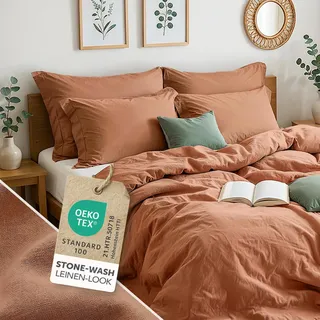Blumtal Bettwäsche 155x220cm Sommer 2teilig mit Kissenbezug 80x80cm - Bettbezug leinenartige Baumwolle, ähnlich wie Leinenbettwäsche - Oeko-TEX zert. Stone Washed Bettbezug Kupfer