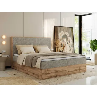 MKS MEBLE Boxspringbett WOOD CLASSIC, Komplett Set mit Multipocket-Matratze und Topper, Doppelbett für Schlafzimmer, hohe Kopfteil - 180 x 200 cm - H3 - Dunkelbeige Struktur - Beige