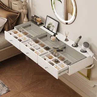 STILVORA Schminktisch hängend mit 3 Schubladen und Glasplatte, Kosmetiktisch mit Tablethalterung und Becherhalter, Schminkkommode mit stabiler Metallstützkonstruktion für Schlafzimmer, Weiß, (ohne LED-Spiegel) - Weiß