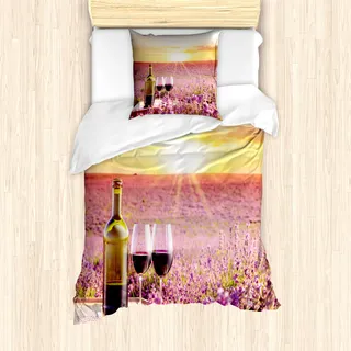 ABAKUHAUS Wein Mantele, Blooming Lavender Picknick, Milbensicher Allergiker geeignet mit Kissenbezügen, 135 cm x 200 cm - 80 x 80 cm, Lavendel Gelb Grün