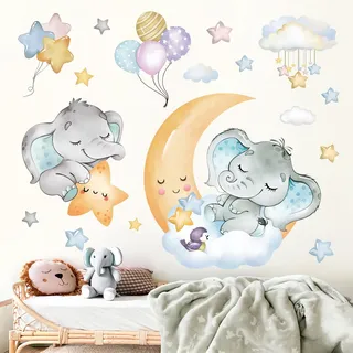 Fufuquare Cartoon Monde Sterne Wolken Wandaufkleber Elefanten Luftballons Tiere Wandtattoo Entfernbare Vinyl für Heimdeko