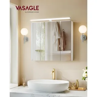 VASAGLE Spiegelschrank, Hängeschrank mit verstellbaren Ablagen, Beleuchtung, 3 Türen, modern, 15 x 60 x 55 cm, weiß - Weiß